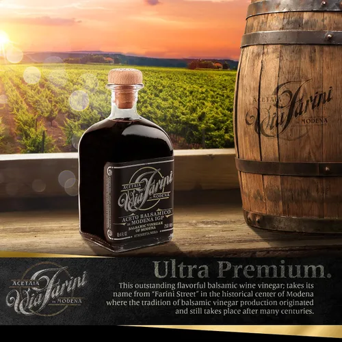 Vista 4 de Via Farini Black Label Aceto Balsamico Di Modena IGP Envejecido (12 años) Vinagre de vino balsámico italiano artesano 8.45 onzas líquidas