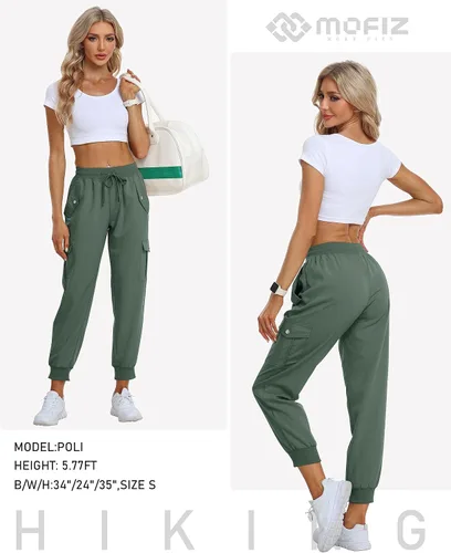 Vista 6 de MoFiz Pantalones cargo para mujer, ligeros, con cintura elástica, pantalones deportivos de senderismo, pantalones casuales de viaje con bolsillo