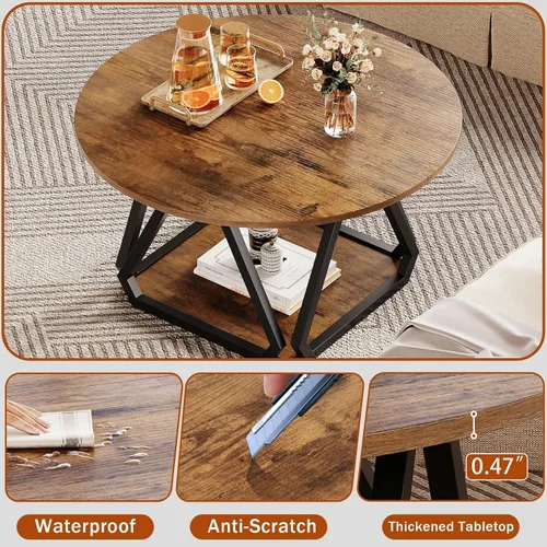 Vista 5 de Espelism - Mesa auxiliar redonda, 31.5 pulgadas, mesa central de 2 niveles con estante de almacenamiento Diseño moderno de madera rústica