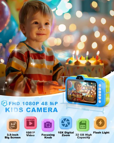 Vista 3 de Cámara para niños Uffylle, selfie frontal de 1080P 48MP, cámara de juguete para niños pequeños con pantalla grande de 3.5 pulgadas, zoom 10X