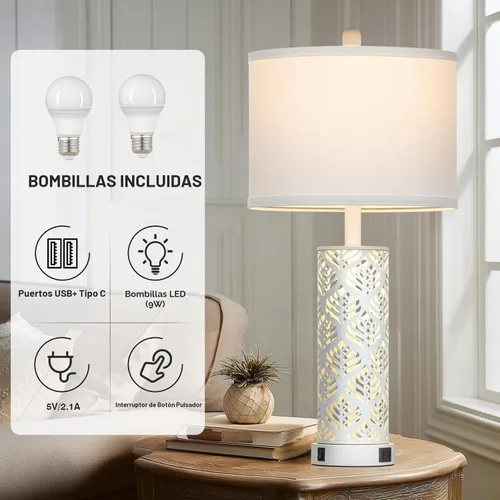 Vista 2 de Cinkeda - Juego de 2 lámparas de mesa rústicas para sala de estar, dormitorio, lámpara de mesita de noche de estilo granja vintage con 2 puertos