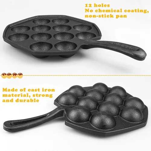 Vista 3 de DOERDO Takoyaki Maker Takoyaki - Molde de bolas de carne de pulpo de hierro fundido antiadherente para bolas de pulpo, 12 agujeros