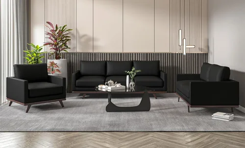 Vista 3 de LeisureMod Chester - Sofá moderno de cuero de 3 plazas con base de madera de abedul, sofá de sala de estar de mediados de siglo, 33.46 pulgadas