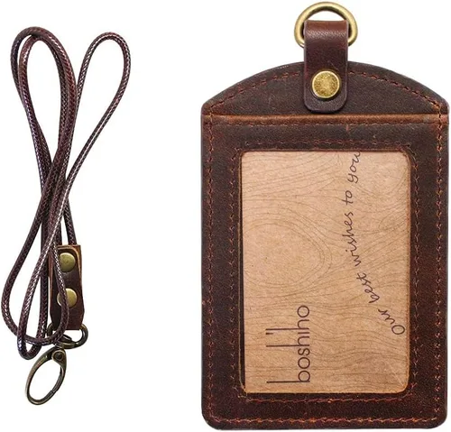 Vista 9 de Boshiho. Funda vertical, de piel, para tarjeta de identificación con cordón resistente., Negro