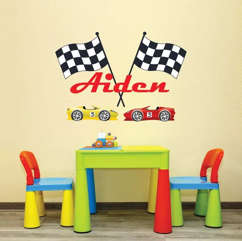 Vista 4 de Calcomanía de pared personalizada con nombre de carreras para dormitorio de niños, banderas y autos personalizados F1 Race Playroom, calcomanías