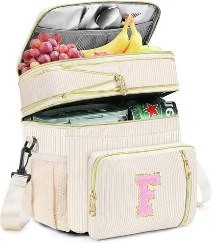 Vista 12 de Lonchera personalizada con inicial para mujer, bolsa de almuerzo grande con aislamiento térmico expandible de doble cubierta con correa