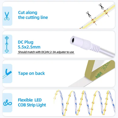 Vista 6 de Luces de tira LED 24V COB LED Blanco cálido 3000K Súper brillante tira LED 16.4 pies 5M sin puntos de alta densidad Corta y flexible para proyectos