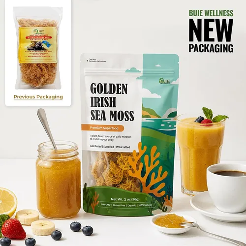 Vista 2 de Musgo marino irlandés dorado Elaborado en la naturaleza de Santa Lucía 2 onzas hace ~ 30 onzas más de gel de musgo marino 100% natural, crudo
