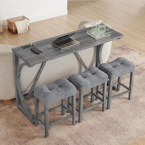 Vista 16 de Juego de mesa de barra de 59" de altura de mostrador con toma de corriente, mesa de desayuno industrial con 3 taburetes acolchados, juego de mesa
