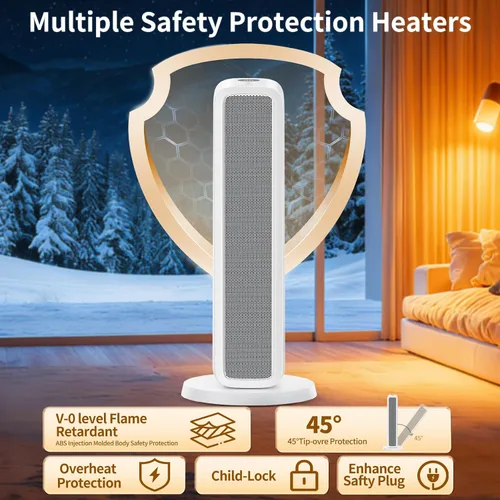 Vista 2 de EasyKey - Calentador de espacio QuietTimer de 24 pulgadas para habitaciones grandes, con punta / seguro contra sobrecalentamiento, color blanco