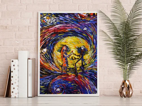 Vista 2 de Uhomate Jack and Sally Nightmare Before Christmas Vincent Van Gogh - Pósteres de noche estrellada para el hogar, lienzo para decoración de pared