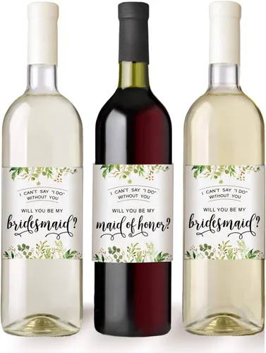 Vista 2 de Printed Party Propuesta de dama de honor para botella de vino, etiqueta de regalo, vegetación, juego de 8