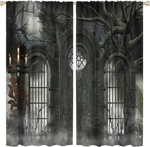 Vista 47 de Cortinas góticas con diseño de luna de Halloween, historia, puerta espeluznante, fondo de terror, vela, ficción, patrón de impresión, sala de estar