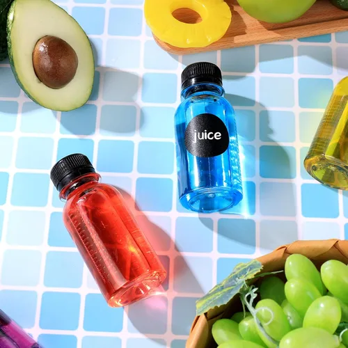 Vista 3 de 75 piezas de botellas pequeñas de plástico de 3.5 onzas para líquidos, botellas de chupito de jugo con tapas, botellas reutilizables para chupito