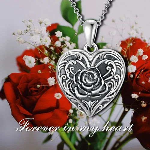 Vista 6 de SOULMEET Collar con medallón de girasol, rosa y margarita, con forma de corazón que sostiene fotos y mantiene a alguien cerca de ti, plata