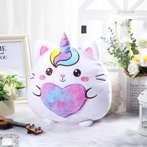 Vista 5 de Leyndo Linda almohada de peluche de gatito de unicornio de 14 pulgadas, peluche Kawaii rosa suave, regalo para niñas, cumpleaños, Pascua y amantes