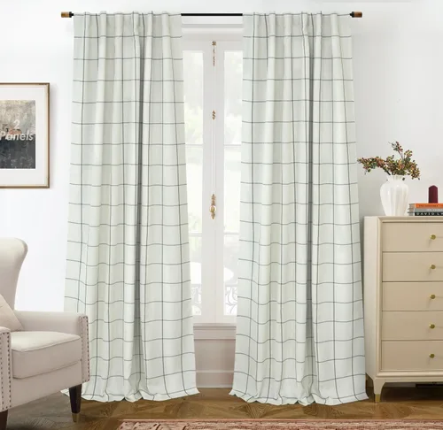 Vista 30 de DriftAway 2 paneles cortinas de lino a cuadros 100% opacas de doble capa cortinas para dormitorio de 96 pulgadas de largo estilo granja con Gris