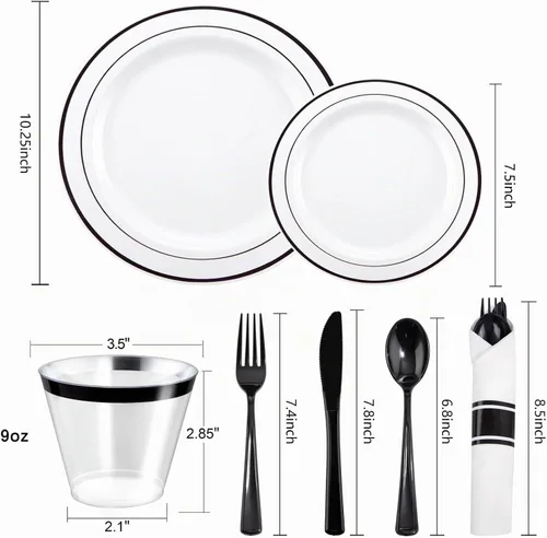 Vista 2 de WELLIFE 210 vajilla de plástico negro con servilletas preenrolladas, incluye: 30 platos llanos, 30 platos de postre, 30 servilletas de papel, 30