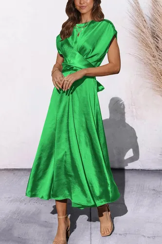 Vista 8 de PRETTYGARDEN Vestido midi de satén de verano 2023 para mujer, manga casquillo, lazo en la cintura, elegante, vestido acampanado