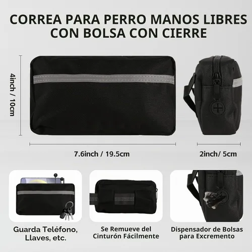 Vista 6 de Correa de perro manos libres con cinturón de cintura y bolsa grande, correa de cintura para pasear perros, correr, senderismo y trotar, asas