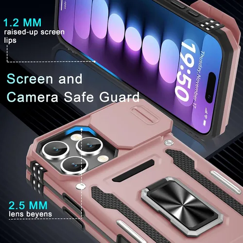 Vista 203 de DEERLAMN Funda para iPhone Xs Max con funda deslizante para cámara + protector de pantalla, soporte giratorio de anillo de grado militar a prueba