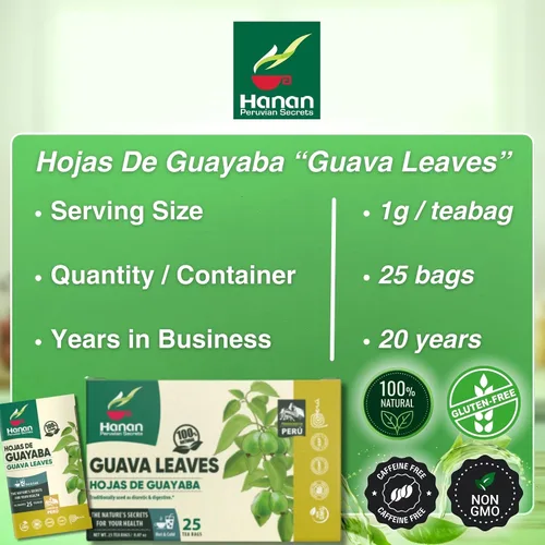 Vista 4 de Hanan Peruvian Secrets Hojas De Guayaba - Té de hierbas Hojas de guayaba 100% naturales 25 bolsas de té Apoya naturalmente las molestias