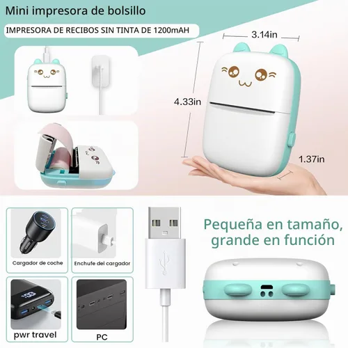 Vista 4 de Mini impresora portátil, impresora de pegatinas sin tinta con 8 rollos de papel, mini impresora térmica inalámbrica Bluetooth compatible con iOS +