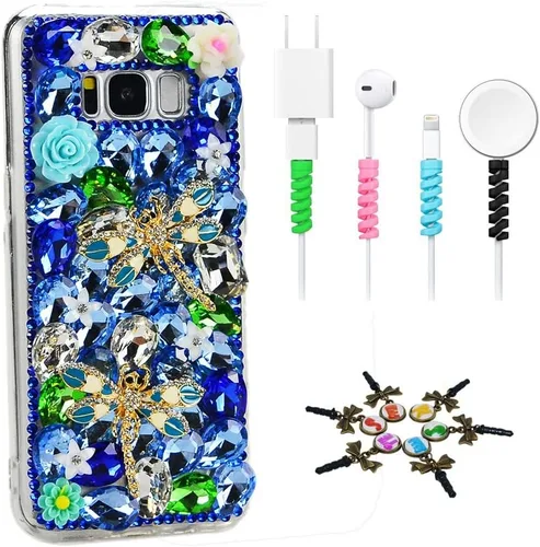 Vista 12 de Sparkle - Funda compatible con Samsung Galaxy S21 Ultra, elegante, diseño 3D hecho a mano con diseño de flores de libélula y flores con protector