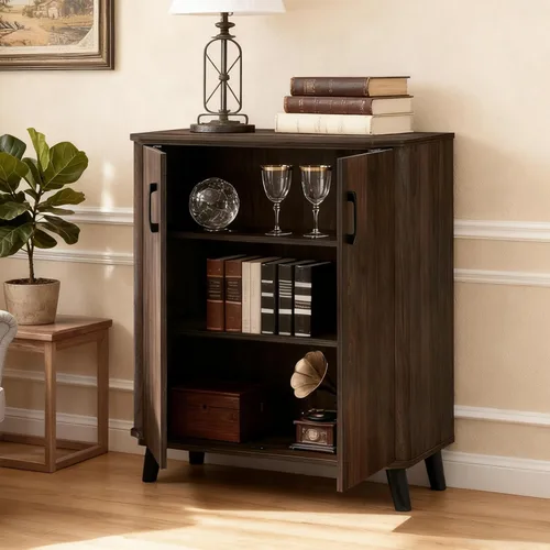 Vista 5 de LuxenHome - Armario buffet con almacenamiento, gabinete moderno de mediados de siglo con borde curvo, gabinete de café de nogal, pequeño armario