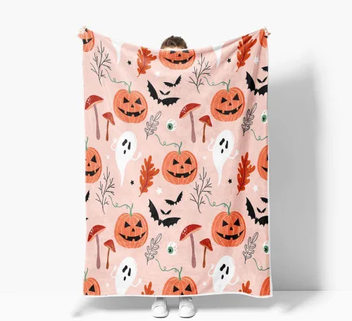 Vista 3 de JAWO Manta de Halloween con diseño de fantasma de calabaza rosa, cálida y cómoda, divertida manta de franela de hongos, sala de estar, decoración