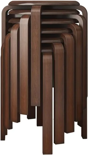 Vista 9 de Juego de 6 taburetes apilables de madera curvada, modernos taburetes de bar curvos con almohadillas anslizantes, redondos de madera para cocina