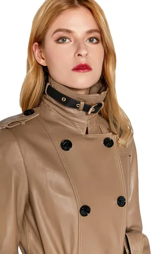 Vista 3 de Chaqueta de piel de cordero para mujer, con doble botonadura de piel de camello con cinturón SmartUniverseWear
