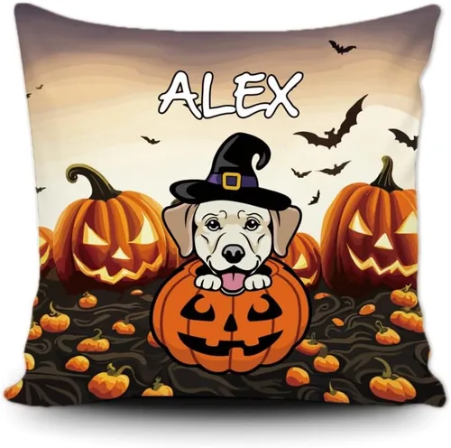 Vista 19 de Funda de almohada personalizada de Halloween, perro labrador con sombrero de bruja, calabaza, Halloween, cachorro, funda de cojín decorativa de lona