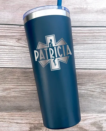 Vista 5 de AVITO Vaso EMT personalizado de 22 onzas, acero inoxidable, incluye popote y tapa, grabado con láser, regalo personalizado para EMT, regalos EMT