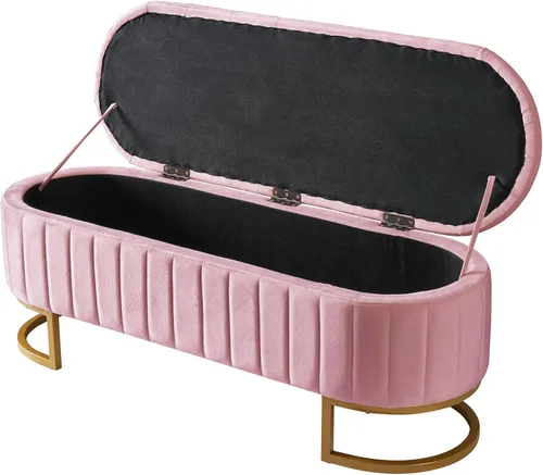 Vista 5 de SOFTSEA Otomana otomana de almacenamiento tapizada rosa, banco otomano de almacenamiento con botones y patas de metal para dormitorio, extremo