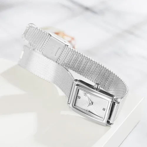 Vista 6 de SHENGKE Reloj rectangular de cuarzo para mujer, con correa de malla milanesa de acero inoxidable, para negocios, casual, clase, Reloj de cuarzo