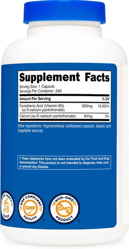 Vista 6 de Nutricost Ácido pantoténico (vitamina B5) 500 mg, 240 cápsulas (2 botellas)