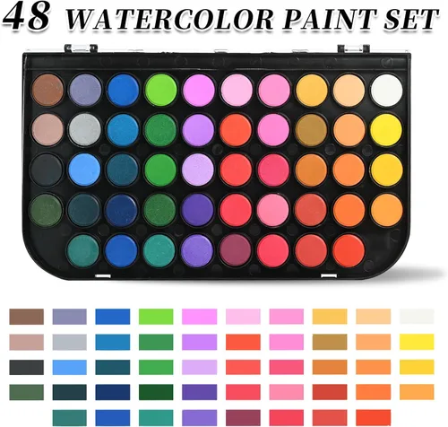 Vista 2 de GETHPEN Pintura de acuarela, juego de pintura de acuarela, juego de pintura de acuarela lavable de 48 colores con pincel, bolígrafo de agua