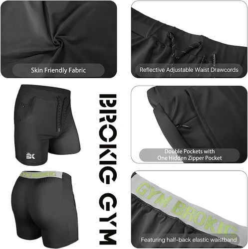 Vista 5 de BROKIG Pantalones cortos de gimnasio ligeros para hombre, pantalones cortos de entrenamiento atlético para hombre con bolsillos para culturismo