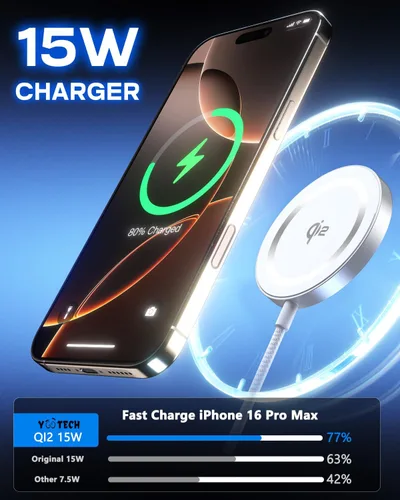 Vista 2 de Yootech para cargador Mag-Safe, almohadilla de carga inalámbrica rápida Qi2 de 15 W Carga magnética certificada Qi2 compatible con iPhone 17/17