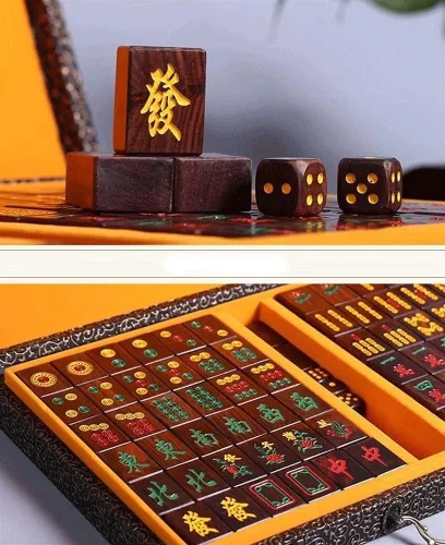 Vista 4 de Juego de mahjong chino, juego de 144 mini mahjong, juego de mahjong chino con caja de madera, azulejos de Mahjong para viajes, fiesta, juego familiar
