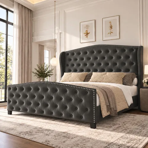 Vista 12 de LARMACE Base de cama tamaño Queen con tapizado de terciopelo, cama de plataforma con cabecera y pie de ala, base de cama con botones profundos