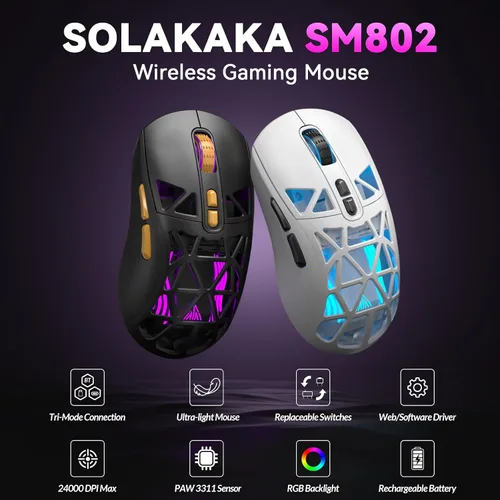 Vista 2 de SOLAKAKA SM802 - Ratón inalámbrico para juegos, 24,000 DPI máximo, trimodo 2.4 GHz/BT/mouse recargable USB con RGB, botones macro programables