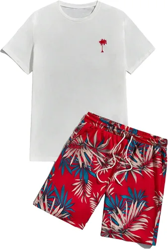 Vista 20 de GORGLITTER Conjunto de 2 piezas de camiseta gráfica de manga corta para hombre, estampado hawaiano con cordón y pantalones cortos