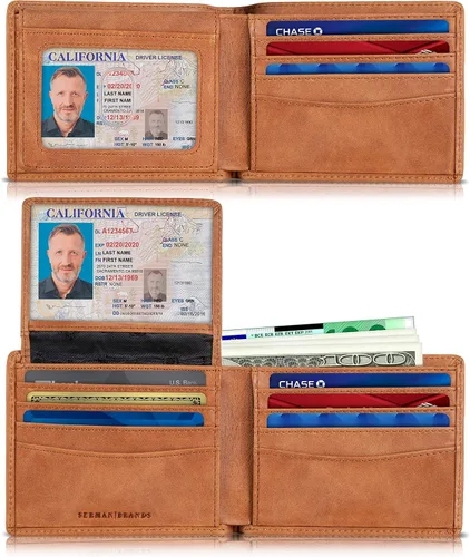 Vista 7 de SERMAN BRANDS Billetera de piel con 2 ventanas de identificación para hombre, con bloqueo RFID, doble tapa superior, billetera de viaje de capacidad