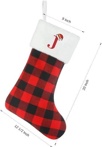 Vista 5 de Senneny - Medias de Navidad con iniciales, 20" grandes rojas y negras a cuadros de búfalo, monograma, medias de Navidad con puño de felpa blanca