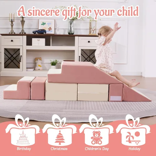 Vista 7 de Bloques de escalada de espuma para niños pequeños Sofá modular para niños con 2 otomanas en interiores, juego plegable suave para gatear