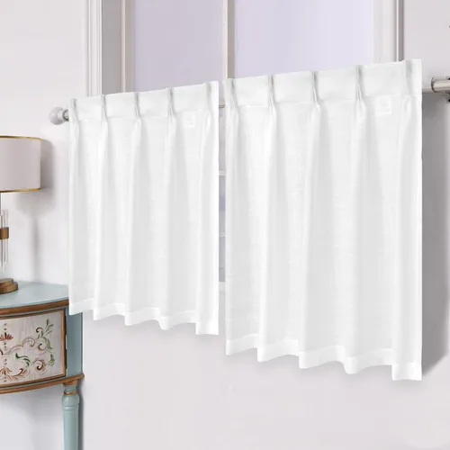 Vista 2 de DriftAway Cortinas plisadas de lino con textura corta de lino para ventana pequeña, baño, lavandería, 2 paneles con pestañas traseras, estilo Blanco