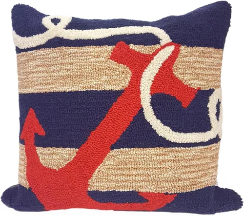 Vista 31 de Liora Manne FRONTPORCH - Almohada hecha a mano para interiores y exteriores, diseño tradicional con gráfico casual para la playa (azul marino Ahoy)