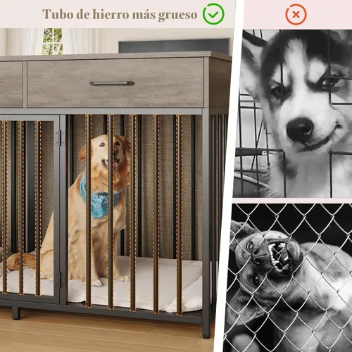 Vista 7 de HOSTACK Mueble doble para perros, perrera de 71 pulgadas de ancho para interiores con 3 cajones, jaula de granja para perros para 2 perros Gris